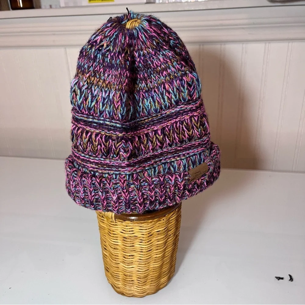 Multi-Color Marled Knit Ponytail Beanie - Purple & Pink Chunky Messy Bun Hat